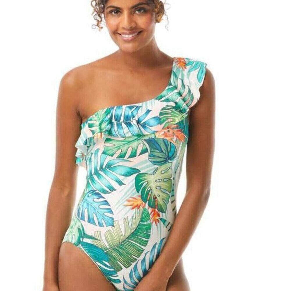Vince Camuto Lush Tropic Ruffle One Shoulder One-Piece Multi 6 - Picture 1 of 3